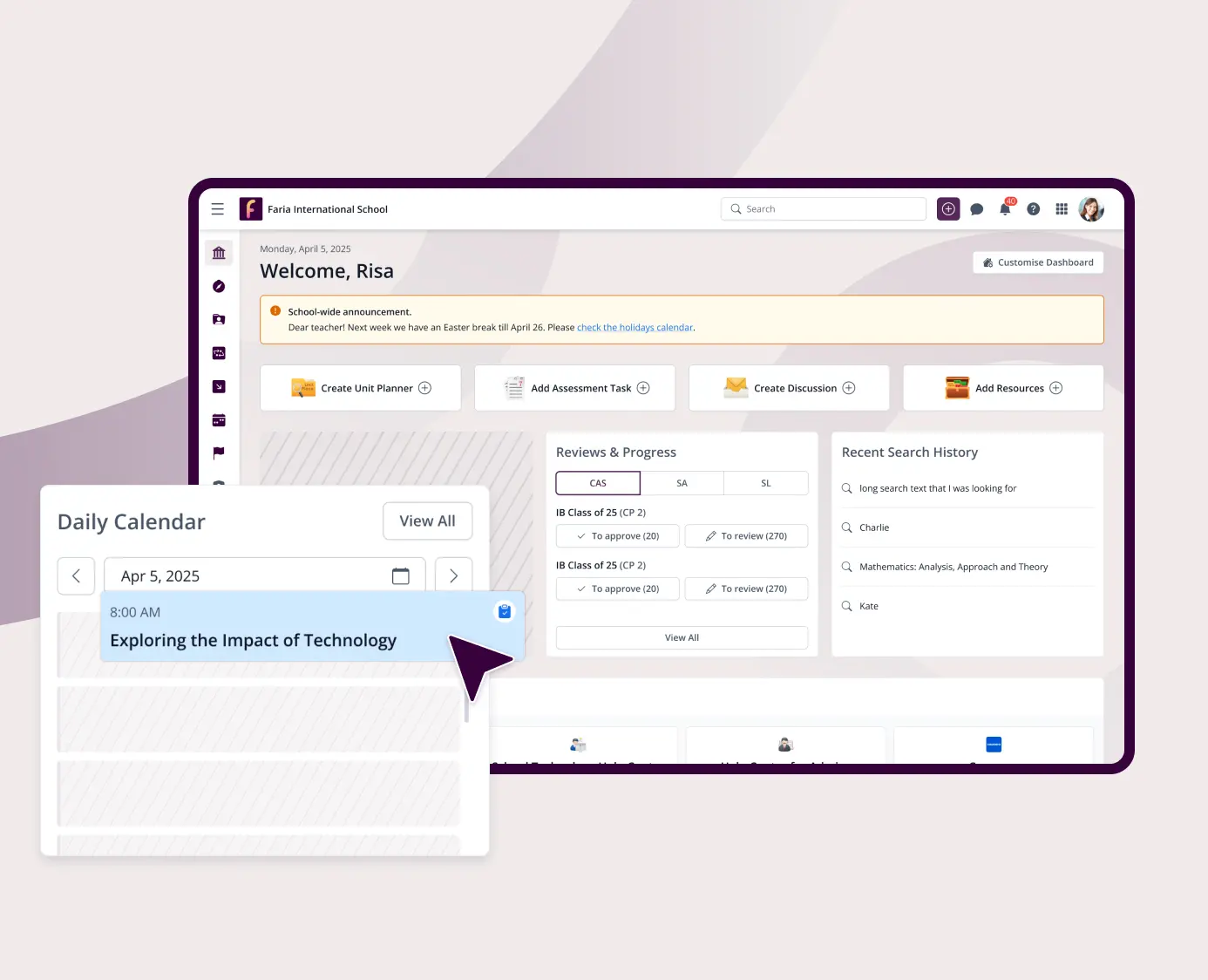 UI mockup of ManageBac+ product