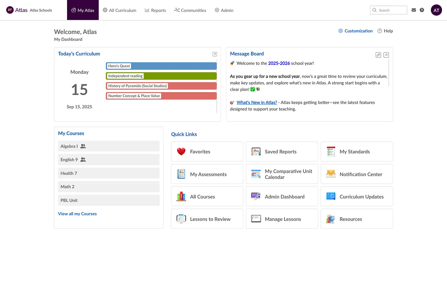 Atlas curriculum dashboard